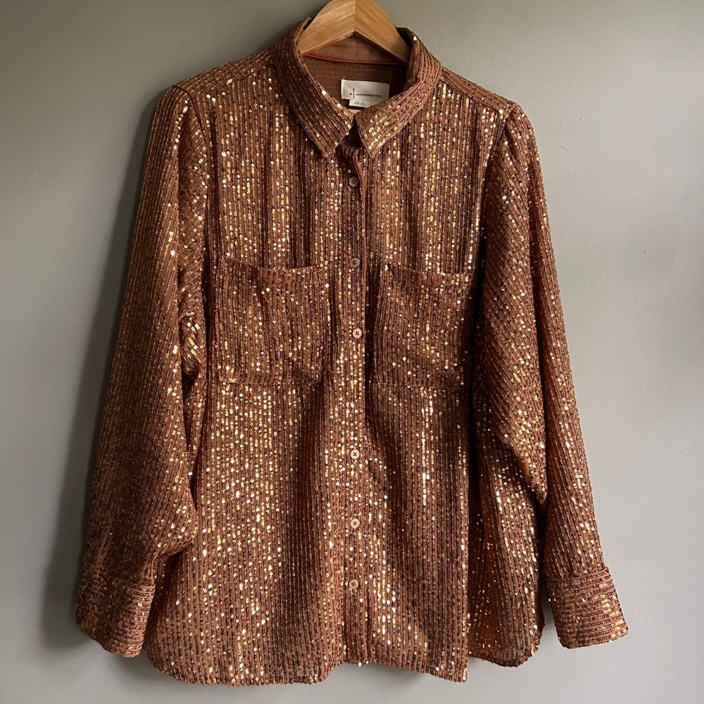 Anthropologie Plus Bronze Sequin Button Down Shirt Copper Long Sleeve Top 2X NEW